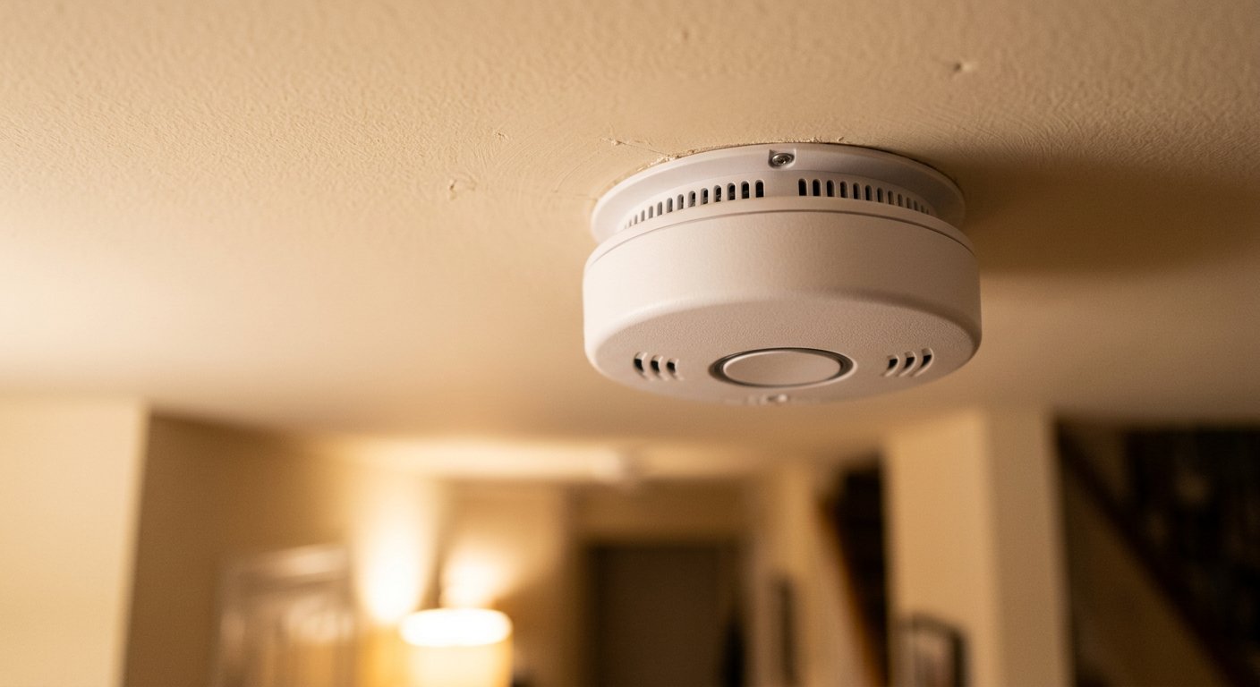 Modern smoke detector on a warm residential ceiling
